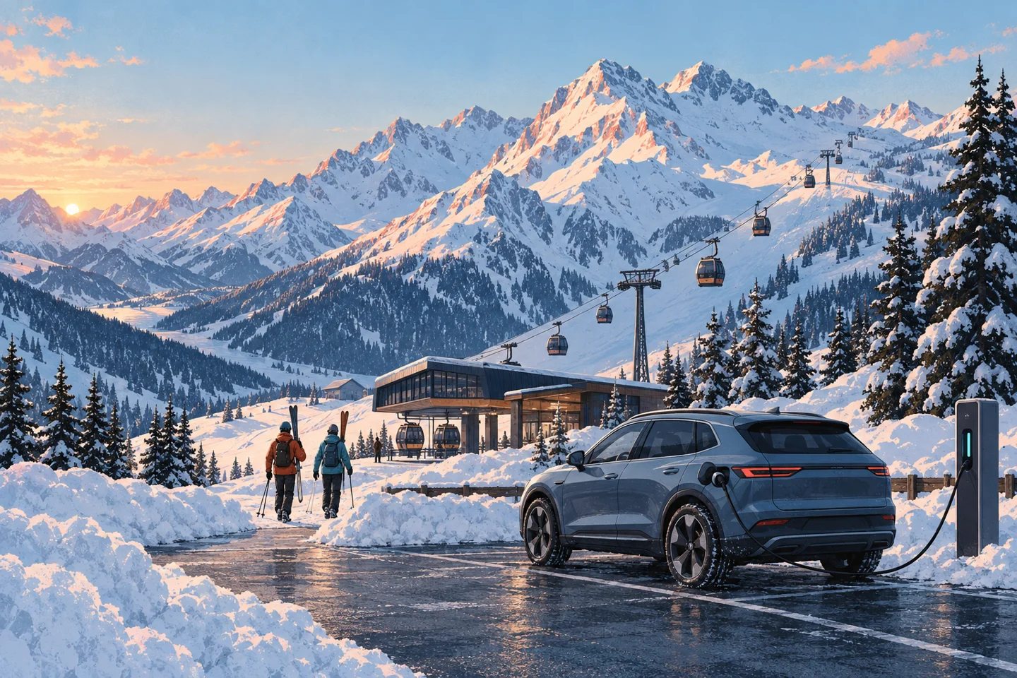 Two skiers walk towards a gondola while an electric car charges in a snowy alpine car park. Editorial illustration.